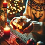 A heartwarming holiday scene featuring a person giving a heartfelt gift to another, surrounded by warm lighting and festive decorations, capturing the spirit of generosity and gratitude.