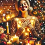 A person radiating joy in a cozy holiday setting, surrounded by glowing lights, candles, and snowfall, symbolizing inner happiness and holiday spirit.