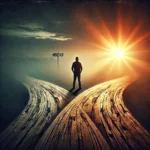 A symbolic and photorealistic image of a person standing at a crossroads, representing the choice between holding onto outdated beliefs or embracing new possibilities.