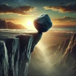 A large boulder teetering on the edge of a steep cliff, symbolizing the critical moment before a major shift or breakthrough.