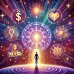 A person standing in front of a glowing cosmic portal, surrounded by faint images of manifestations—money, love, success, and health—materializing around them.