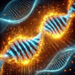 A highly detailed DNA double helix glowing with golden and blue light, symbolizing DNA activation, mutation, and spiritual transformation.