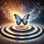 A butterfly in motion, its wings creating a ripple effect in the air, symbolizing the interconnectedness of all things and the profound impact of small actions.