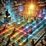 A symbolic game board illustrating the journey of conscious creation, with glowing pathways and shifting pieces representing evolving manifestation rules.