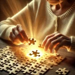 An elderly woman carefully assembling a glowing puzzle, symbolizing wisdom, intuition, and the mastery of spiritual lessons.