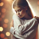 A teenage girl embracing herself in a moment of deep self-love, symbolizing self-acceptance and inner healing.