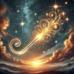 A beautifully detailed magic wand glowing with radiant light, surrounded by golden swirling energy, symbolizing transformation and spiritual awakening.