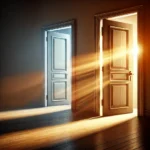 A symbolic and photorealistic image of one door opening while another door closes, representing transition, change, and new beginnings.