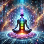 A surreal and symbolic representation of chakra protection and energy resilience. A meditative figure sits in a lotus position, their glowing chakras aligned along their body. Surrounding them is an ethereal energy shield, acting as a barrier against external threats. The cosmic and digital-infused background represents spiritual strength and virtual security.