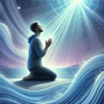 A person kneels with hands clasped in gratitude, looking up at a warm golden light shining down upon them. Their face expresses deep appreciation and peace.