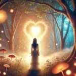 A romantic and ethereal scene of a woman standing in a dreamy, enchanted forest at twilight, gazing toward a soft, glowing light that symbolizes love and transformation. She appears hopeful and open, representing the journey to finding true love through spiritual awakening. 